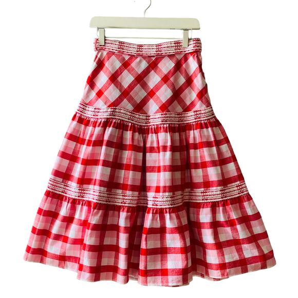 VINTAGE 70s Arola Finland Gingham Tiered Ruffle Midi Skirt Size XXS - Picture 2 of 8